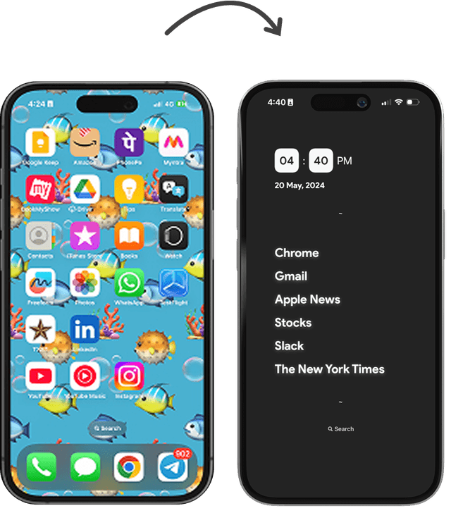 Before and after removing phone clutter with Minimalist Launcher